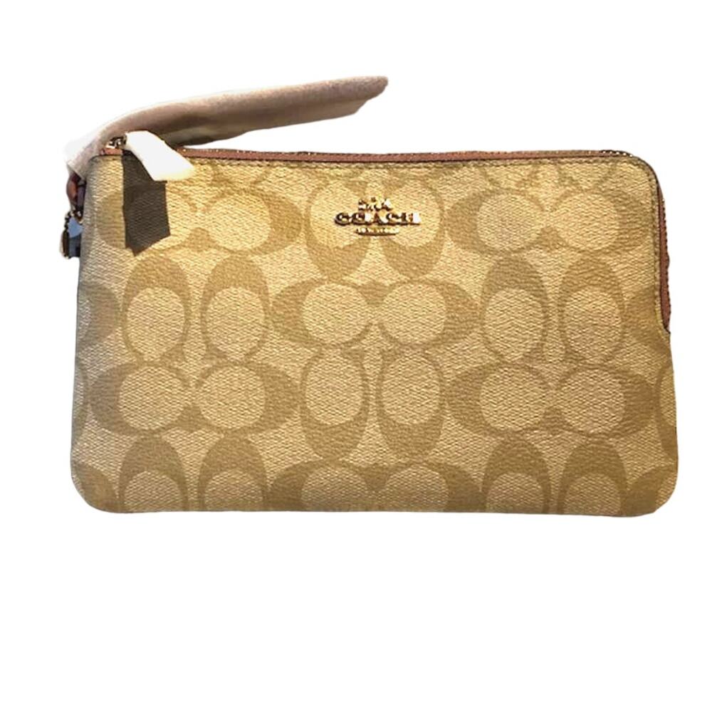 Light Khaki Coach Signature Print Double‎ Zip Corner Wallet Gold Hardware NWT